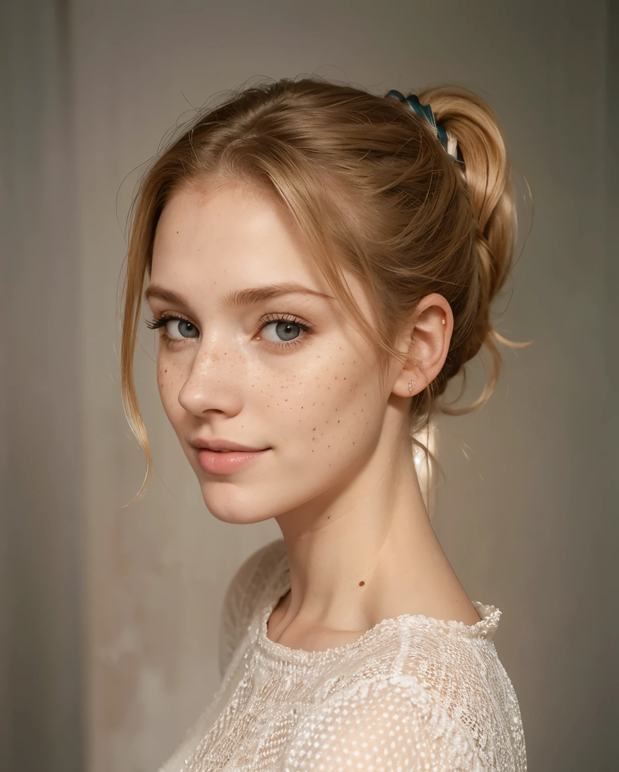 Rosto de uma mulher, americana, 25 anos, pale skin and freckles, olhos cinzas, nariz delicado, soft and delicate lips, cabelo blondie cinza ponytail, sorriso meigo