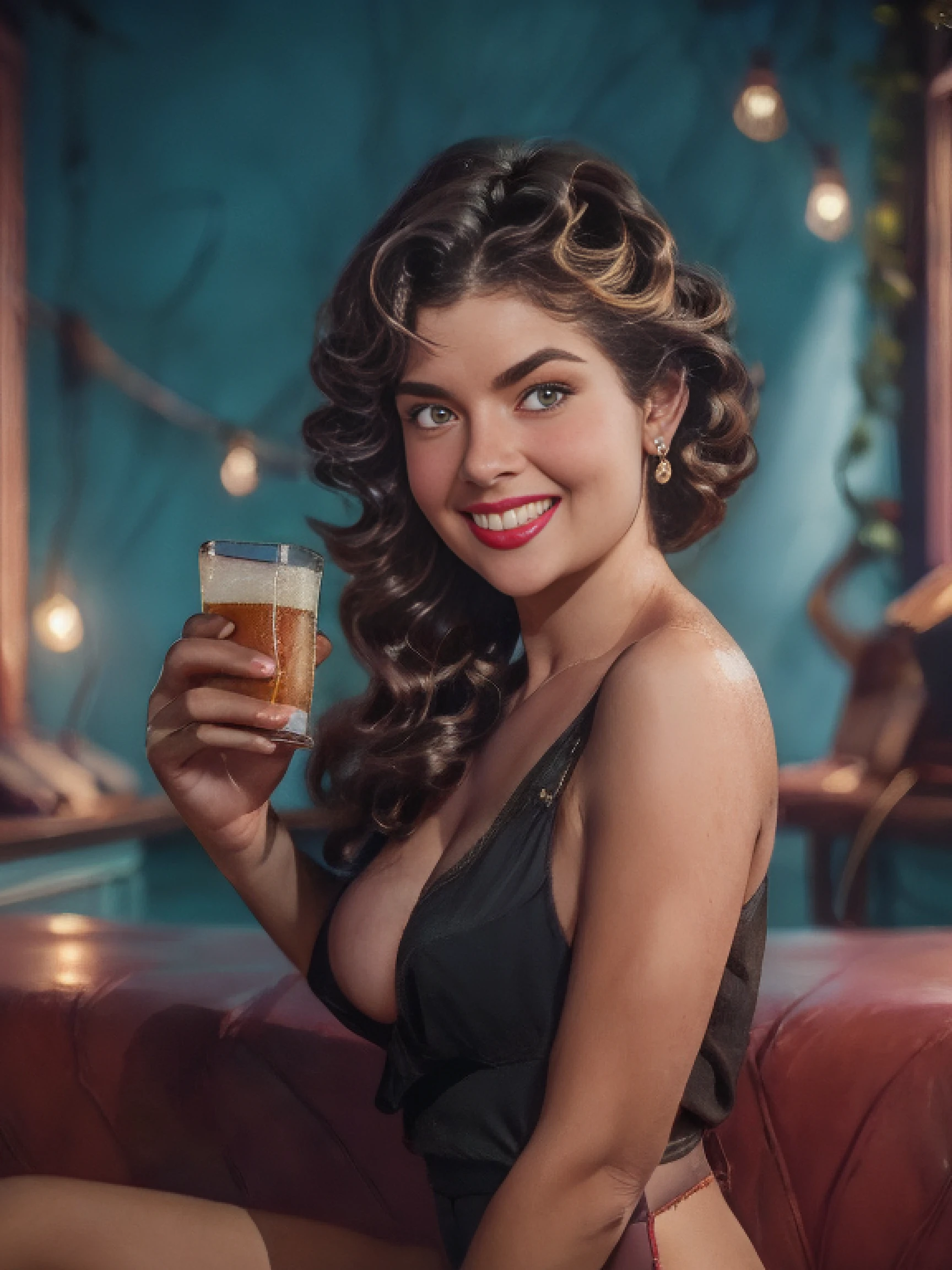 (photographic:1.3), (RAW photo:1.3), (ultra wide lens:1.3), (far shot:1.3), (katsuragi_misato selfie :1.3), large yellow tanktop, cleveage, sideboobs,medium breast, thong, sitting, drink beer can, katsuragi_misato, scar, soft lighting, film grain, Fujifilm XT3, dslr, masterpiece, best quality, realistic, high-quality, realistic works, ultra-high details, 8k uhd, real skin material,