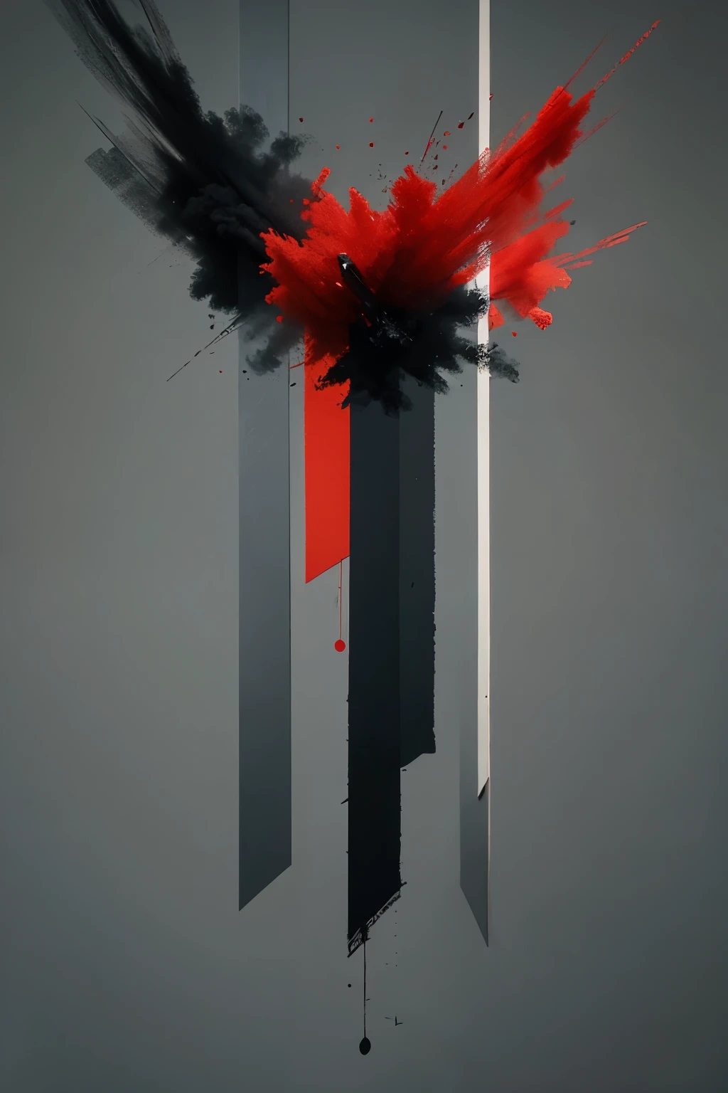 Gray background with red, black and blue paint in the air and overlapping