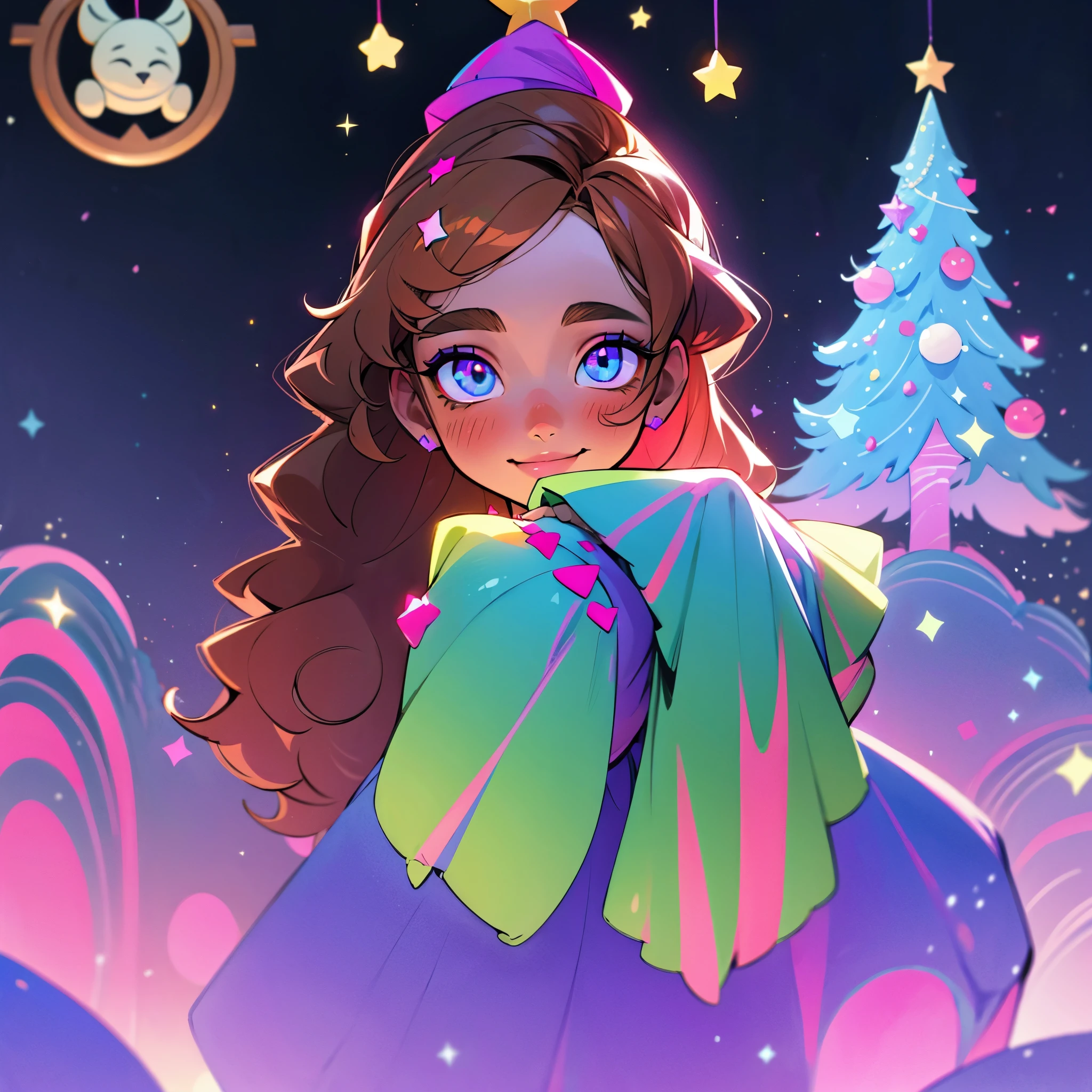 fantasy art, beautiful girl in a Christmas tree costume with garlands and Christmas tree toys, smiles calmly, dreamy colors, glowing around, colorful background, neon snow magic, symmetrical eyes, symmetrical nose, emerald eyes, black symmetrical pupils, straight dark blond hair with tender pink and purple strands, Christmas tree, garlands, detailed magic winter city background, magic warm lights, UHD, 128k