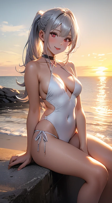 High resolution 8K, Bright light illumination, lens flare, sharpness, masterpiece, top-quality, The ultra -The high-definition, high resolution, extremely details CG, Anime style, Film Portrait Photography, 1woman, a smile, Beautiful Women, full body, (((Red eyes, Straight hair, pony tail, silver hair, Long hair))),, woman wearing cross halter white bikini, High-waist white bikini, Woman in the sunset beach, sunset sky, (Natural skin texture Vibrant details, hyper realistic)