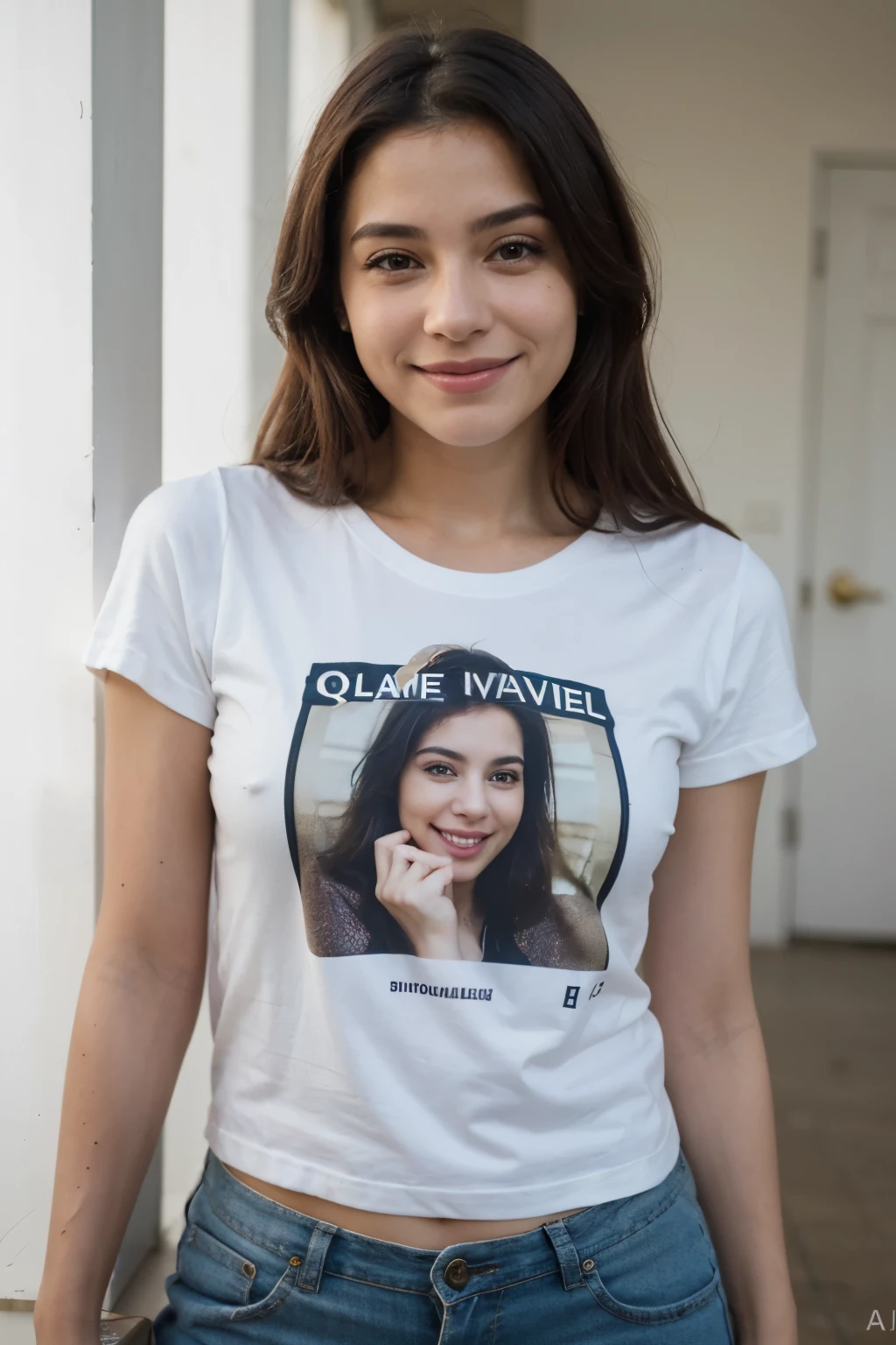 (melhor qualidade, obra-prima:1.2), Uma mulher, sorrindo, tshirt, ao ar livre, retrato