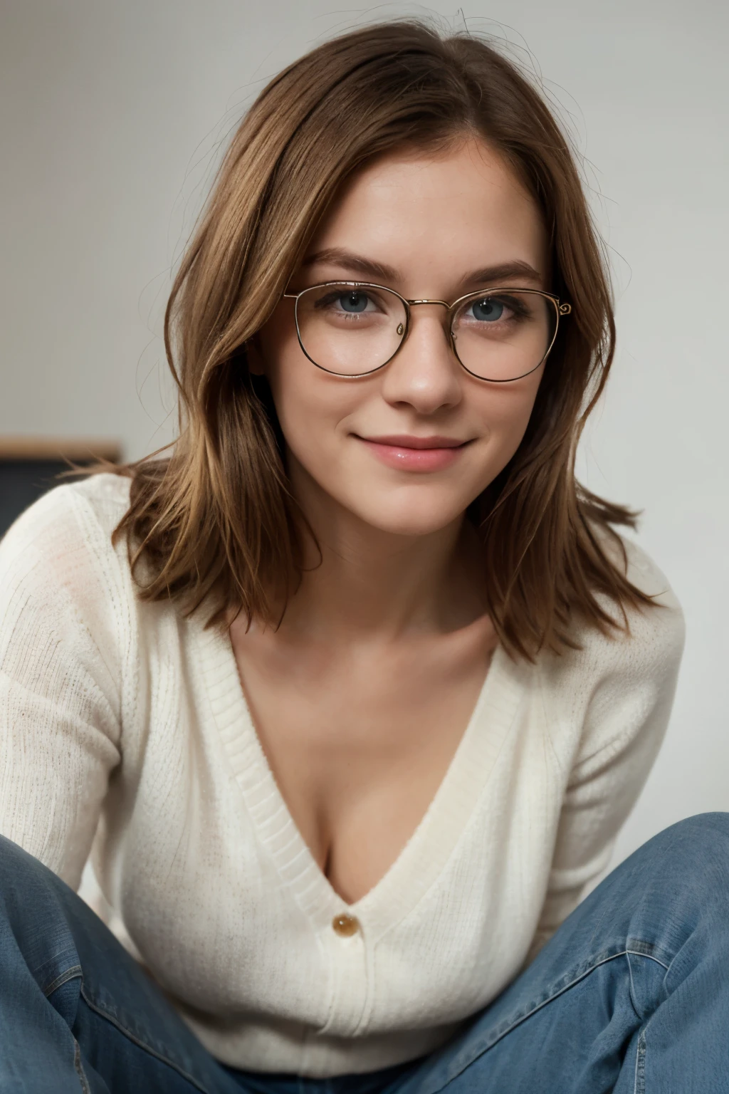 Masterpiece, stunning realistic, photorealistic photorealism, sharpness, sharp face, sharp focus,1 girl,blonde hair,blue eyes,german girl,round glasses,knitted sweater,jeans,straight hair,long bobcut,cute smile,closed mouth ,