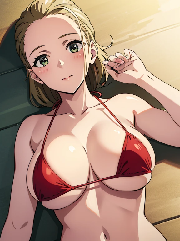 (masterpiece, top-quality, detaile, hight resolution, extremely delicate and beautiful, anime screen cap, anime colours, 8k, photorealistic), (red&white Micro Bikini:1.5), (huge drooping breasts:1.5, cleavage:1.5), akebi sasaki, hairband, 1girl, (15years old), dark green eyes, smile, blush, ((lying, on back:1.5, upper body:1.5, slim:1.5)), breast focus, ((perfect detailed anatomy, Beautiful eyes&hair, beautiful face, beautiful breast&body, Shiny skin)), sandy beach, Sweat,