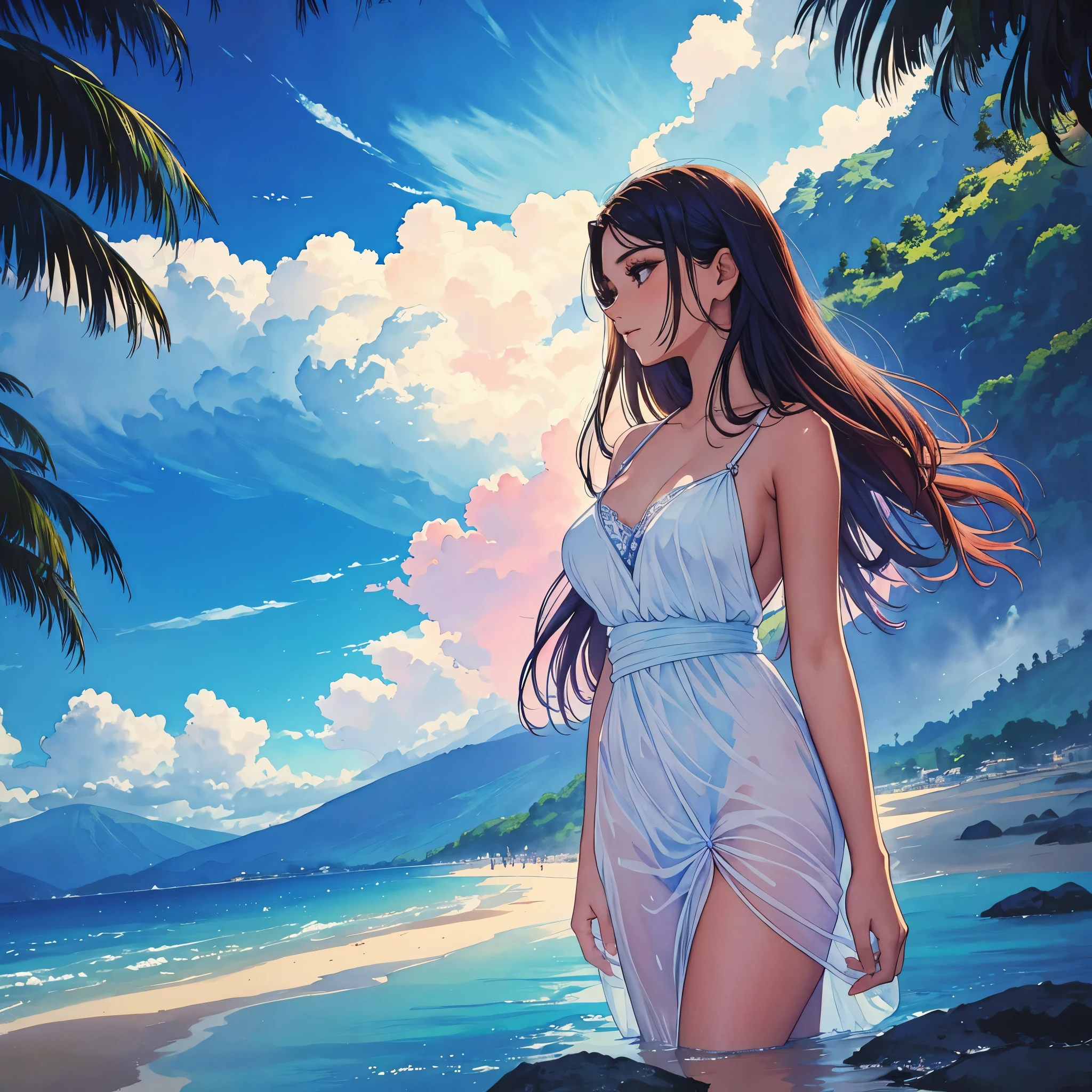 watercolor portrait beautiful breathtaking girl, pele escura, cabelo comprido sedoso, vestido branco de seda fina. corpo inteiro, paisagem noturna, brilho da lua no rosto dela.