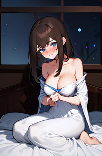 1girl, skinny, big breast, shoulder-length brown hair, bangs, blue eyes, white nightgown, (tears, blushes), night, bedroom, ((half body))