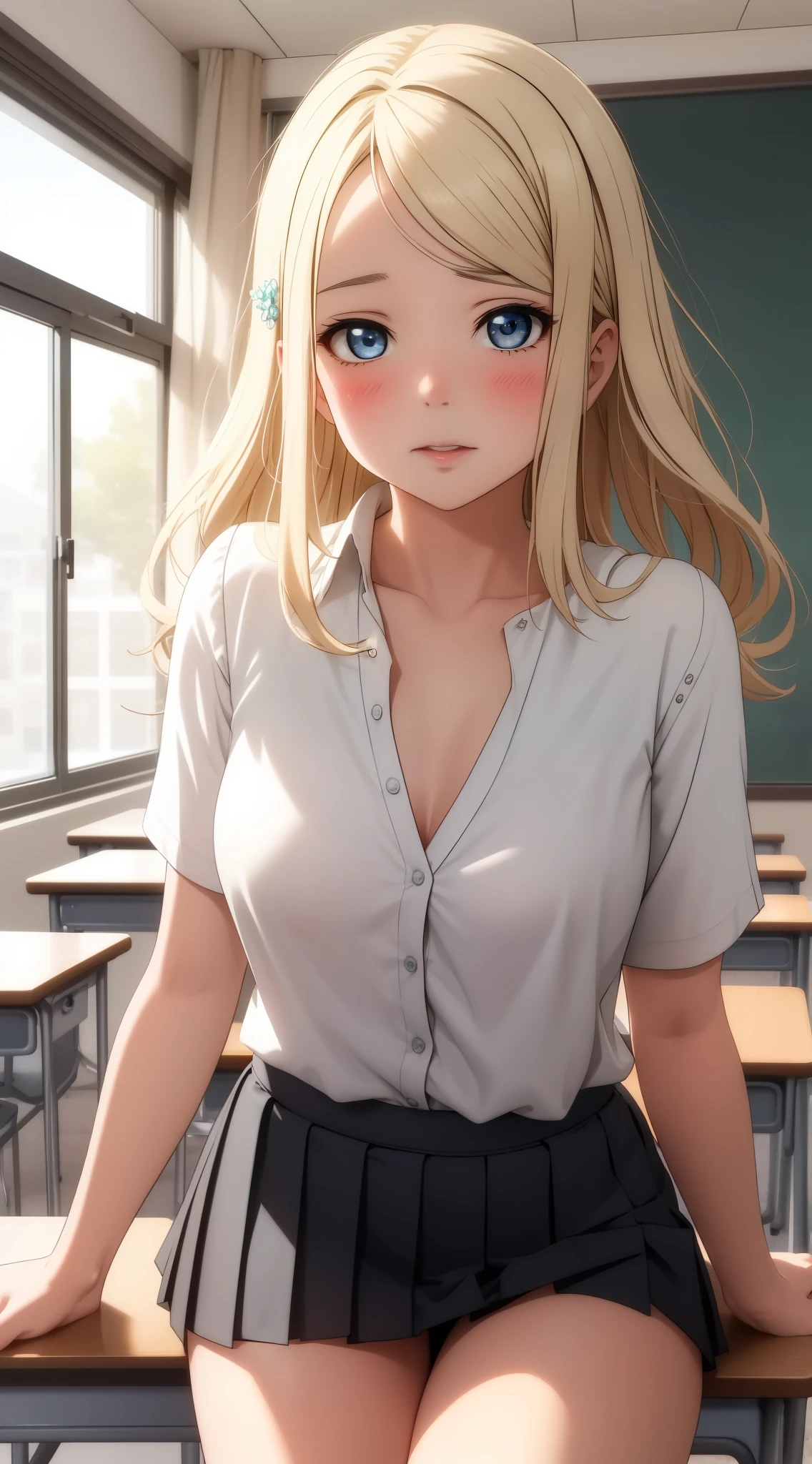 masterpiece, best quality, highly detailed, ultra high res, ayase arisa, 1girl, solo, perfect body, blue eyes, hair ornament, blonde hair, long hair, blush, glossy lips, white blouse, short black pleated miniskirt, classroom