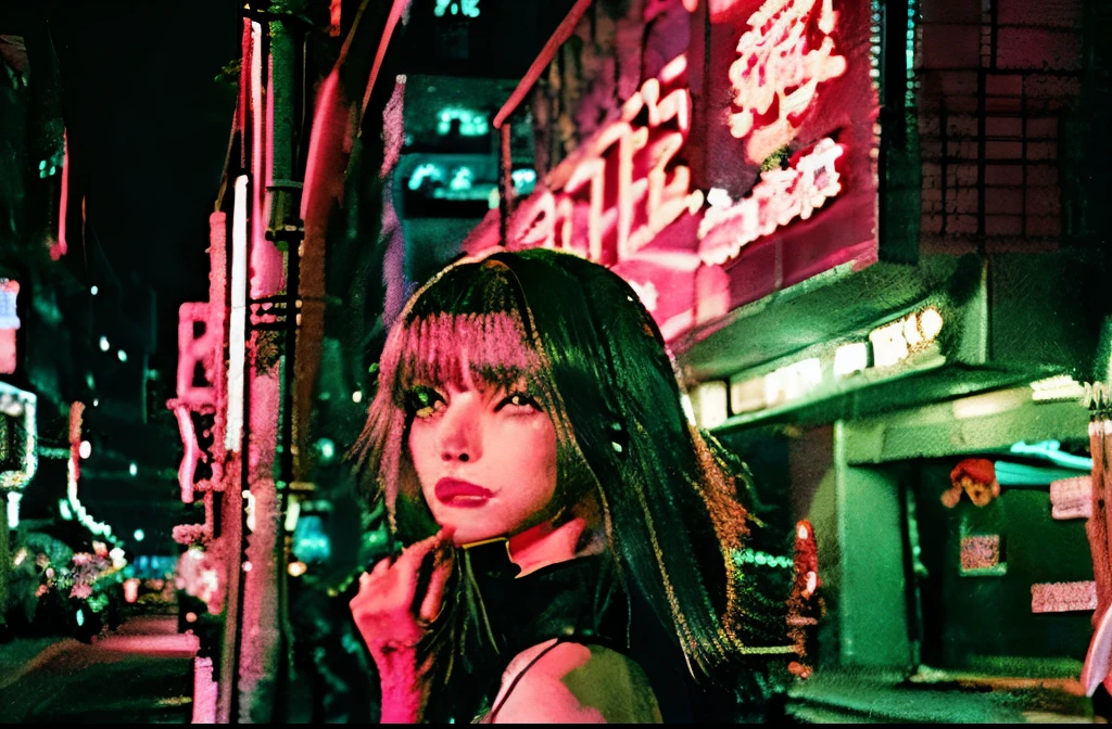 Menina bonita seios pequenos, usando jaqueta robusta, cabelos longos, Machine arms in the cyberpunk night scene, Cyberpunk Red Green Scenery