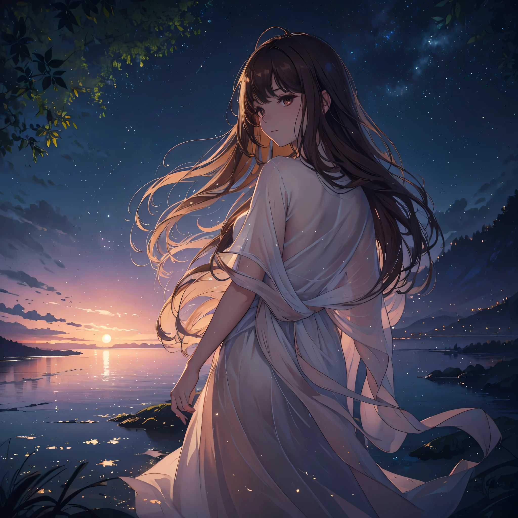 (best quality,4k,8k,highres,masterpiece:1.2),ultra-detailed,(realistic,photorealistic,photo-realistic:1.37),portrait,aquarelle painting,beautiful breathtaking girl,deep brown skin,long silky hair,flowing white silk dress,full body,nighttime landscape,luminous moonlight on her face,peaceful serene expression,beauty in simplicity,stunning atmosphere,soft dreamlike colors,subtle glowing lights,detailed foliage,calm and tranquil ambience