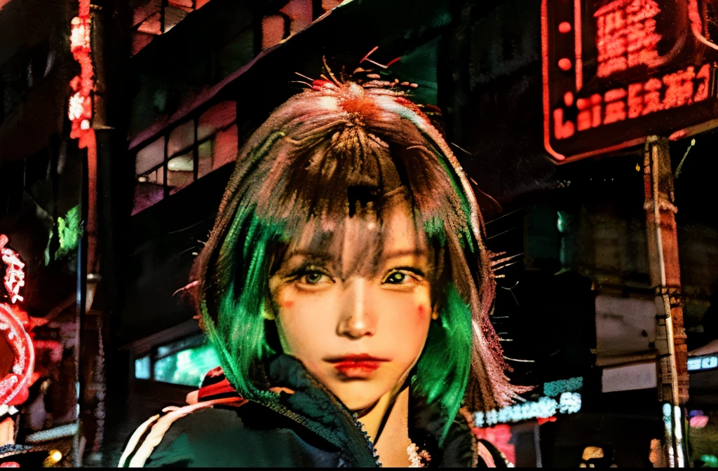 Menina bonita seios pequenos, usando jaqueta robusta, cabelos longos, Machine arms in the cyberpunk night scene, Cyberpunk Red Green Scenery