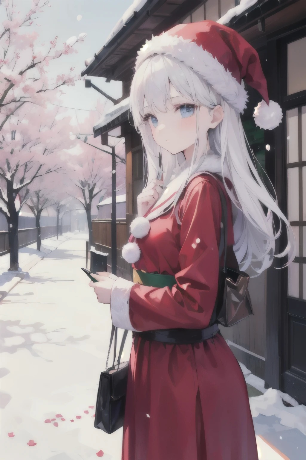 1girl, christmas hat, christmas dress, on the street in Japan, Sakura flowers, snow around, white hair