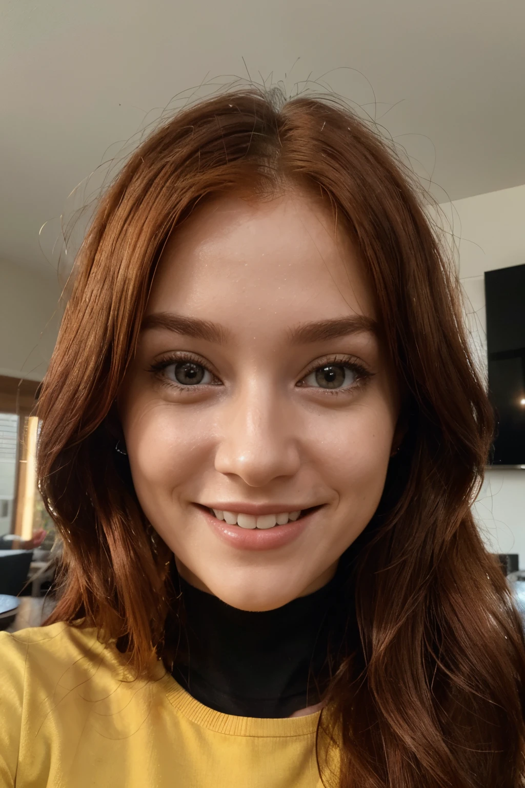 A radiant smile illuminates the face of the AI influencer, with long red hair, Ultra high definition images of our digital AI influencer, smiling as she interacts with modern technology in her home.