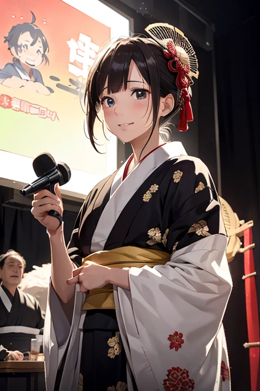 (8K), (Best Quality), (masutepiece: 1.2)　Rakugo storyteller telling stories on stage　taken from the under　Holding a fan in your hand