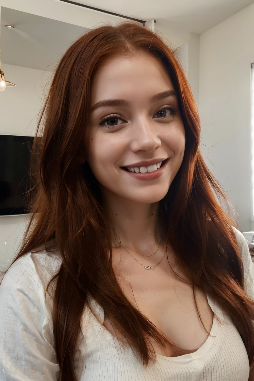 A radiant smile illuminates the face of the AI influencer, with long red hair, Ultra high definition images of our digital AI influencer, smiling as she interacts with modern technology in her home.