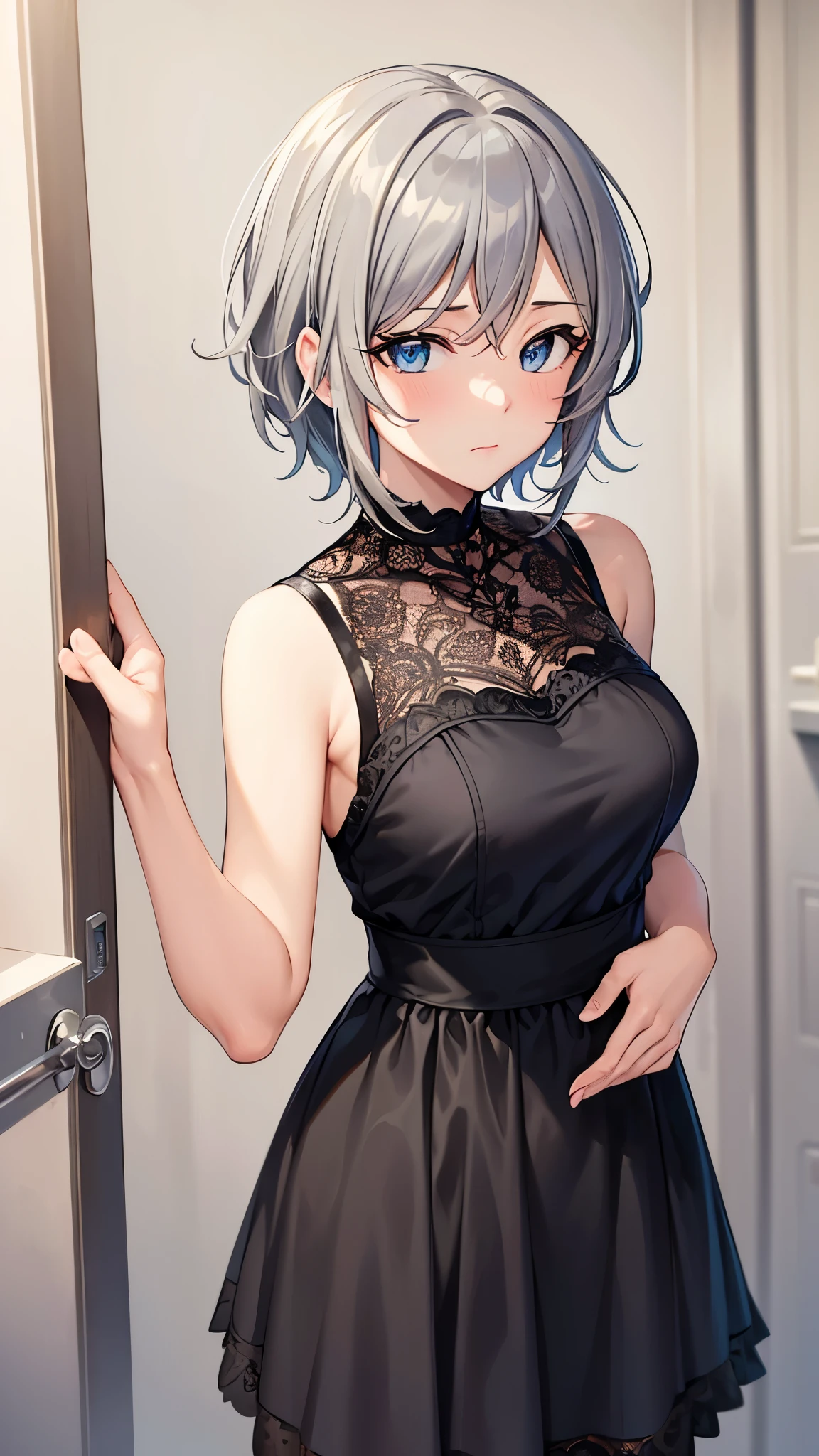 masterpiece, Highest quality, High resolution, One girl, alone, Anastasia (Idol Master), Idol Master cinderella girls, blue eyes, short hair, Grey Hair, Black Dress, Cowboy Shot, , upper_body,