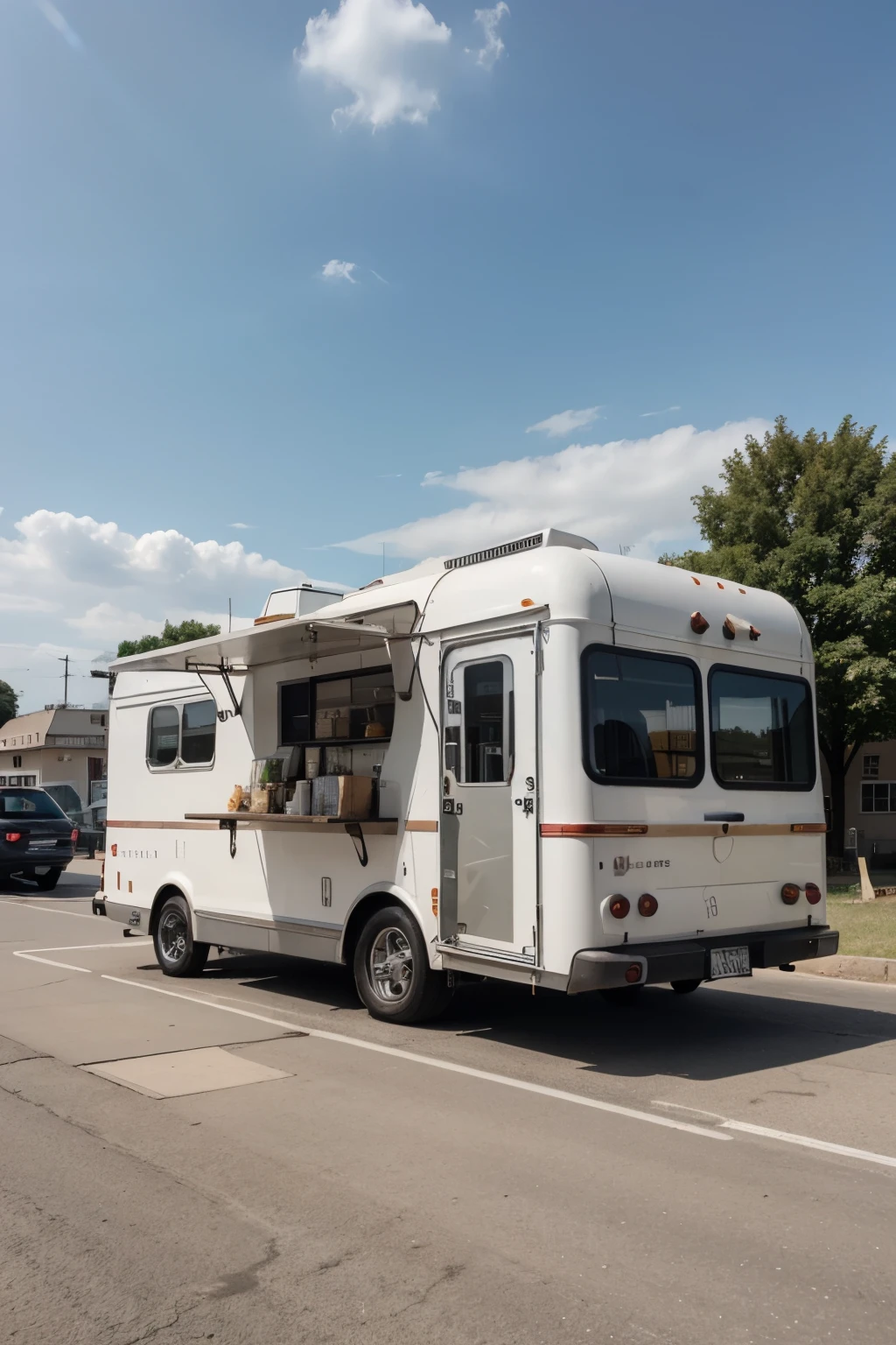 Erstelle mir ein Bild von einem food Truck, wo drauf steht :klein und Meyers Fast Truck. mit einem Spray Design, wo Flammen drauf sind.