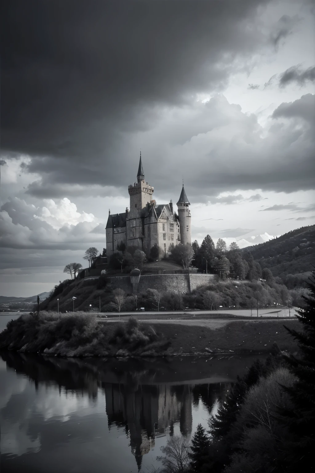 A faraway castle with a huge mounting behind the castle with clouds swirling the top of the mountain. Elegant like a painting