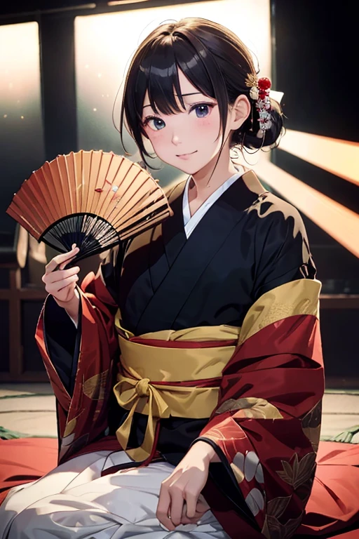 (8K), (Best Quality), (masutepiece: 1.2)　A rakugo storyteller who sits straight on stage and tells a story.　taken from the under　((Holding a fan in your hand))