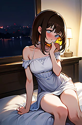 1girl, skinny, big breast, shoulder-length brown hair, bangs, blue eyes, white nightgown, (tears, blushes), night, bedroom, ((half body))