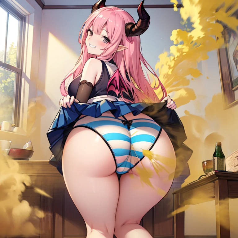 1girl in, Solo, cute girl, Pink hair, Long hair, succubus clothes、((Succubus horns))、((Two Succubus Wings))、(((Succubus tail)))、Sheer clothing, Sleeveless、(panty shot:1.2)、Take grin, evil smile, dark blue skirt、(skirt lift:1.2)、Petite、(Granblue Fantasy:1.2)、(nsfw:0.9)、best quality、(blue white panties), ((((horizontal striped panties)))), massive ass, Turn around and look back, fart, onara, fart, farting, big fart, Fart from the ass, Yellow smoke, Yellow Smoke comes out of the ass, Yellow smoke is rising, ((room full of yellow smoke))