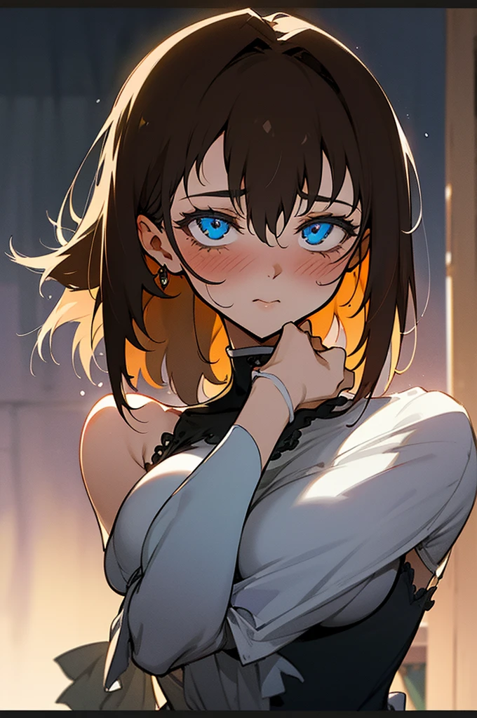 独奏, 1girl, Masterpiece, Best Quality, extremly detailed, Cinematic lighting, intricate detials, hight resolution, official arts, finely detailed beautiful face and eyes, high-resolution illustration, 8K, dark intense shadows, skinny, big breast, shoulder-length brown hair, bangs, blue eyes, white nightgown, (tears, blushes), night, bedroom, ((half body))