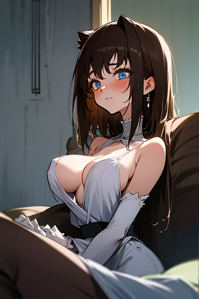 独奏, 1girl, Masterpiece, Best Quality, extremly detailed, Cinematic lighting, intricate detials, hight resolution, official arts, finely detailed beautiful face and eyes, high-resolution illustration, 8K, dark intense shadows, skinny, big breast, shoulder-length brown hair, bangs, blue eyes, white nightgown, (tears, blushes), night, bedroom, ((half body))