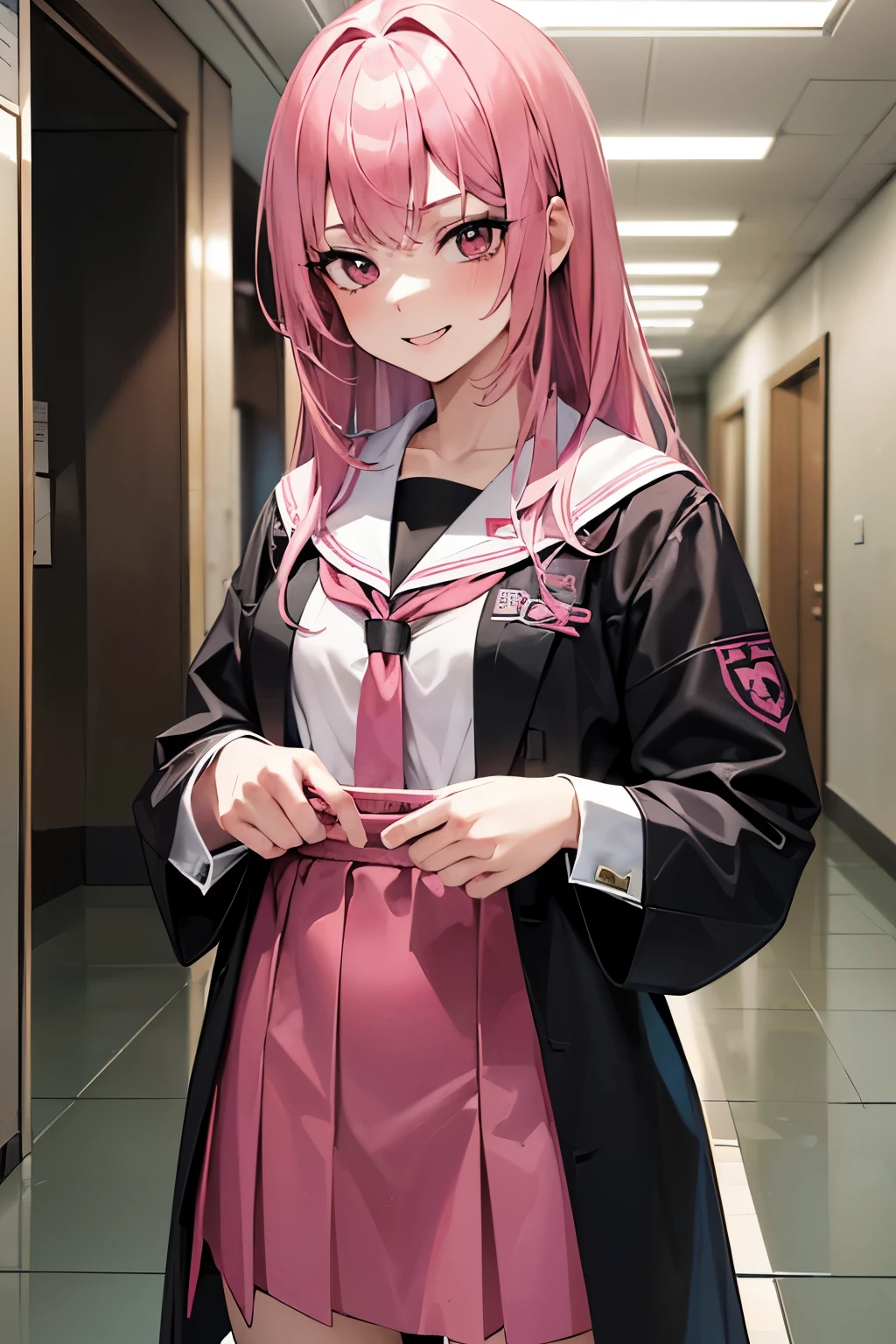 (1Girl, 18yo, pink loose hair, she is a evil, bully and crazy character, she are smiling, (wearing ((black)) colegial japonese clothes)), ((school hallway background))