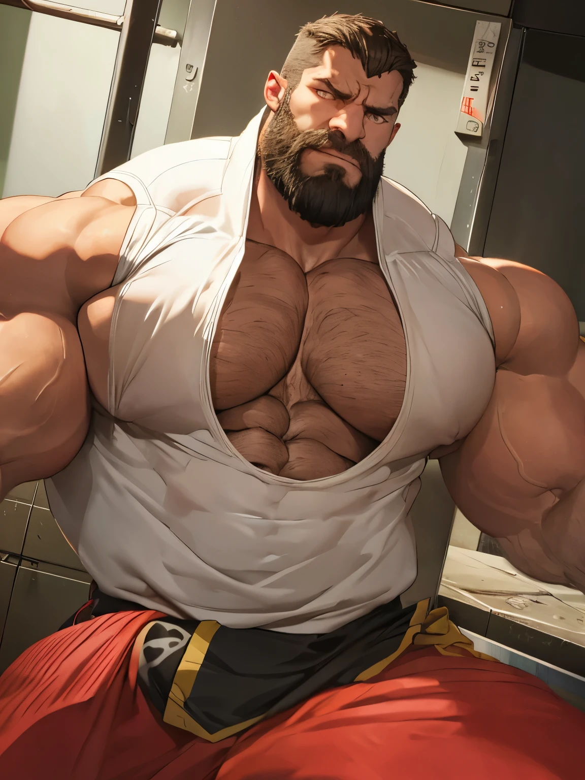 (giant, colossal, muscular, gigantic man, torn clothes, muscles tearing clothes, evil, expressive angry face, bright blue eyes, looking foward, well-defined chin, very well defined bearded face, towering presence, overwhelming size, immense power, massive strength), gigantic man, expressive face, well-defined chin, very well defined bearded face, growing in size with each passing moment, expanding exponentially, becoming larger and larger than everything, dominating the landscape, a true titan, with every muscle and sinew rendered in detail, every bulge and vein meticulously captured, showcasing the (power, strength, intensity) emanating from his form, he crushes buildings with his muscles, he destroys everything with his chest.