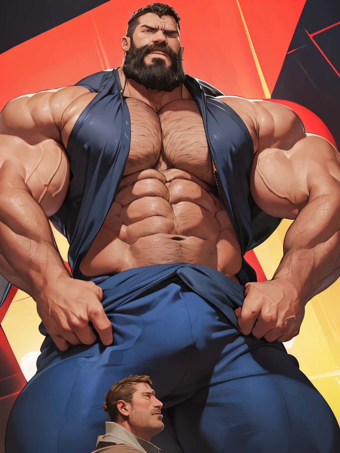 (giant, colossal, muscular, gigantic man, torn clothes, muscles tearing clothes, evil, expressive angry face, bright blue eyes, looking foward, well-defined chin, very well defined bearded face, towering presence, overwhelming size, immense power, massive strength), gigantic man, expressive face, well-defined chin, very well defined bearded face, growing in size with each passing moment, expanding exponentially, becoming larger and larger than everything, dominating the landscape, a true titan, with every muscle and sinew rendered in detail, every bulge and vein meticulously captured, showcasing the (power, strength, intensity) emanating from his form, he crushes buildings with his muscles, he destroys everything with his chest.