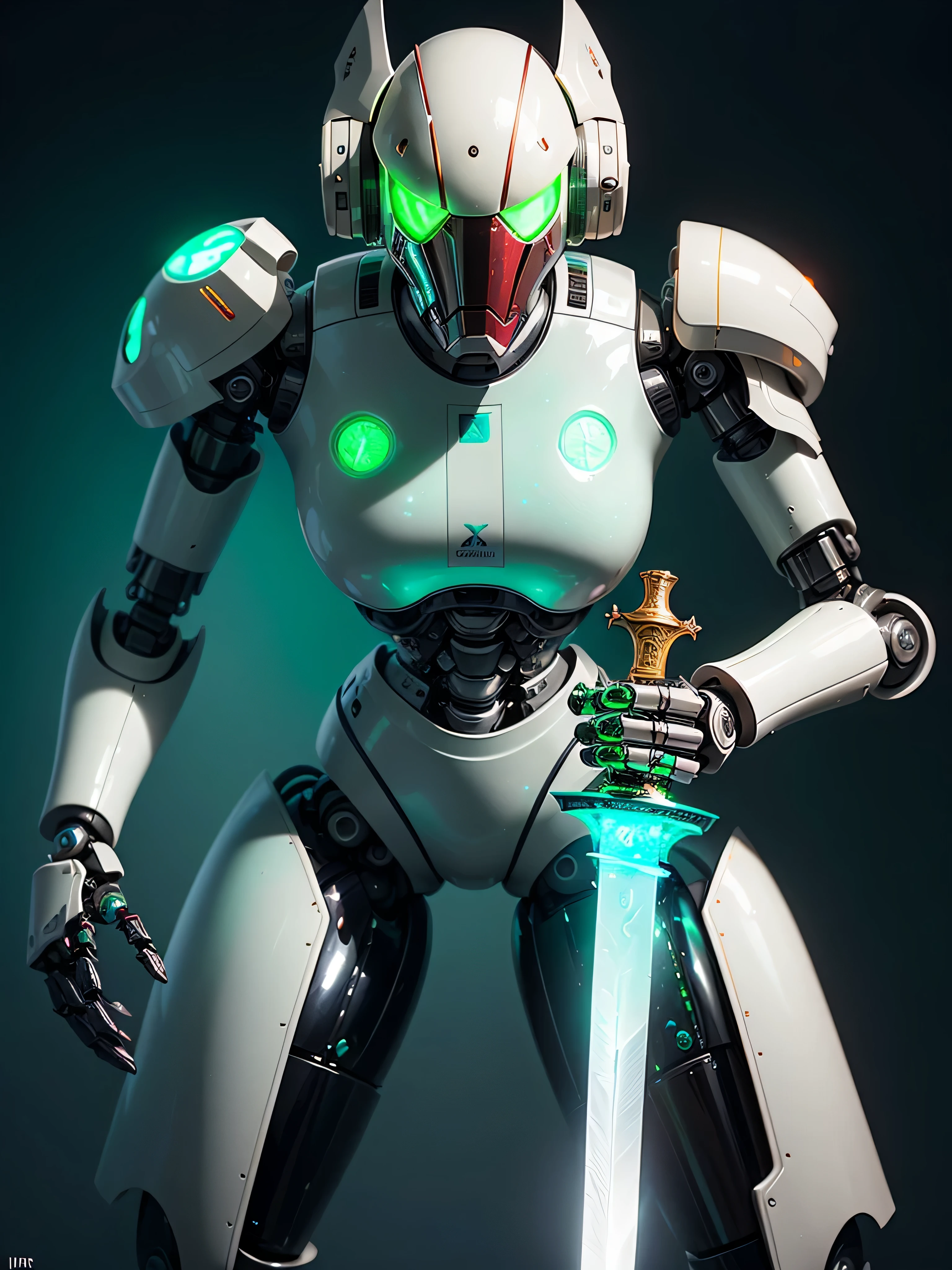((best quality: 1.5)) ((masterpiece: 0.8)), intricate details, sharp focus, professional, photorealistic, real life, ((((solo) feminine robot, gigantic juggernaut, droid, ((mechanical arm, cyborg face))))) bright glow, dynamic pose, in the style of realistic and hyper detailed renderings, zbrush, hyper realistic oil, contoured shading, dark room, dark background, black background, solo, BREAK; BREAK (((((glowing green light sword, looking down))))), ((fujicolor)), BREAK; BREAK ((((futuristic (lacquered crimson translucent crystal armor, (wrist bayonet, iridescent seafoam))), photorealistic, hyper-realistic)))