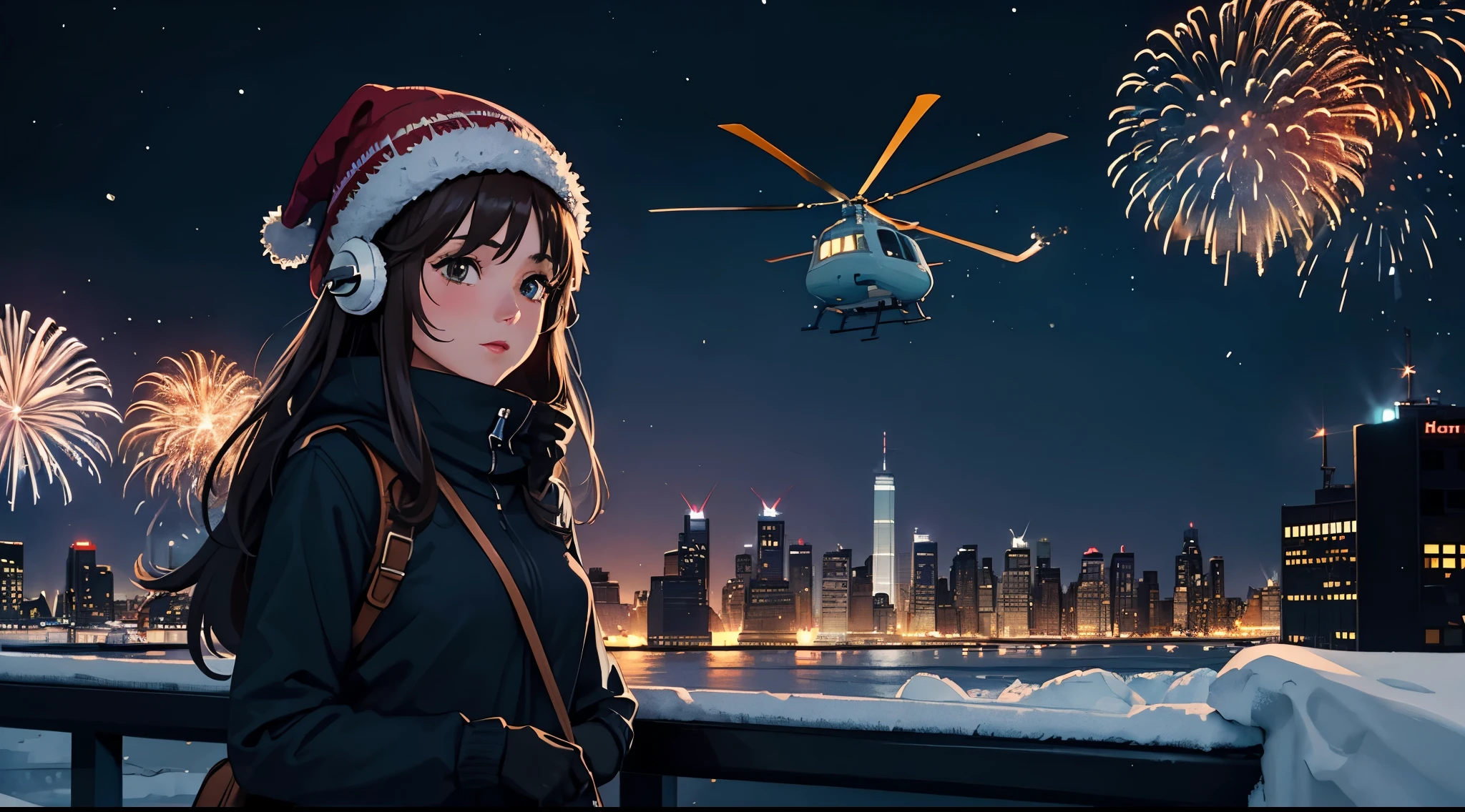lofi relaxed one brunette girl with headphones enters helicopter in roof of a building in NYC. winter night. beautiful landscape of NYC with statue of liberty, (fireworks) in night sky. travel. tourist. sweater, gloves, winter hat. long hair. new year eve