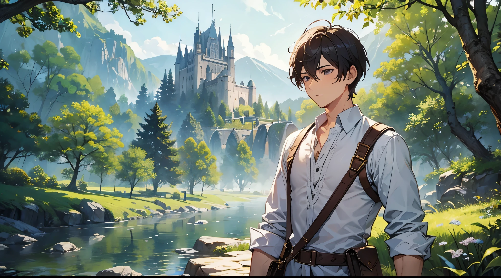 [[[ ultra-detailed, best quality]]]  male bard, short hair, medium body built, bard clothes, castles, looking sideways, forest background, sling bag
