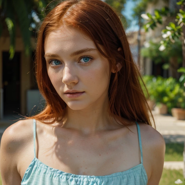 Caucasian red hair middle 20 years girl, fit, staring at the viewer, realistic wearing a summer dress somewhere in Syracuse, Sicily, glowing blue greenish eyes, intense, solodramatic lightinasterpiece:1.2), best quality, high resolution, beautiful detailed, extremely detailed, perfect lighting