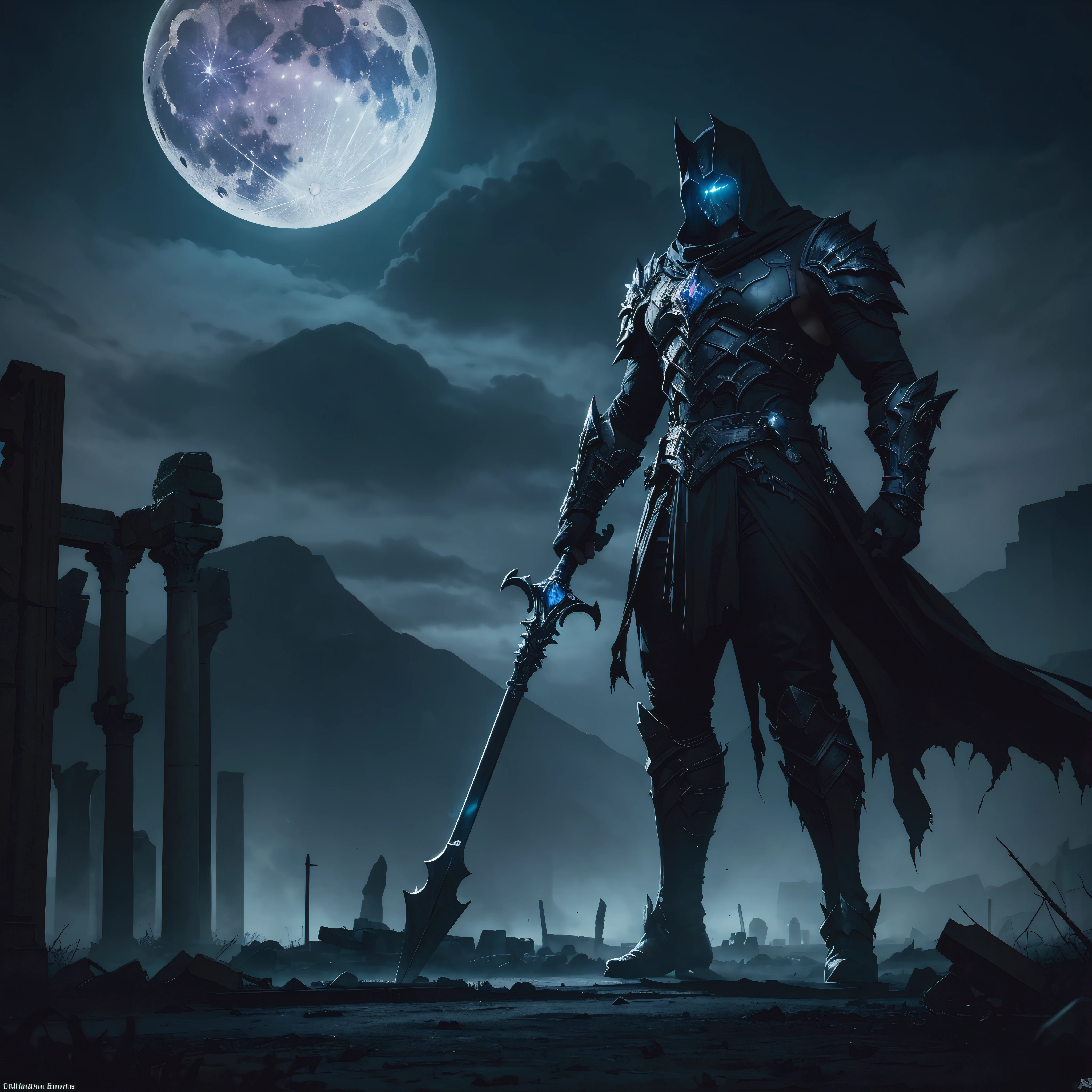 Against the backdrop of a moonlit sky, towering ancient ruins serve as the battleground where mystical energies collide. A fearsome, colossal figure, draped in shadows and wielding a formidable weapon, stands at the forefront, exuding an aura of otherworldly power. The air crackles with magical energy, casting an eerie glow on the ground littered with fallen adversaries. A symphony of dark hues, deep blues, and ominous purples dominates the scene, conveying the gravity and intensity of the nocturnal conflict. The atmosphere is charged with a sense of impending doom,