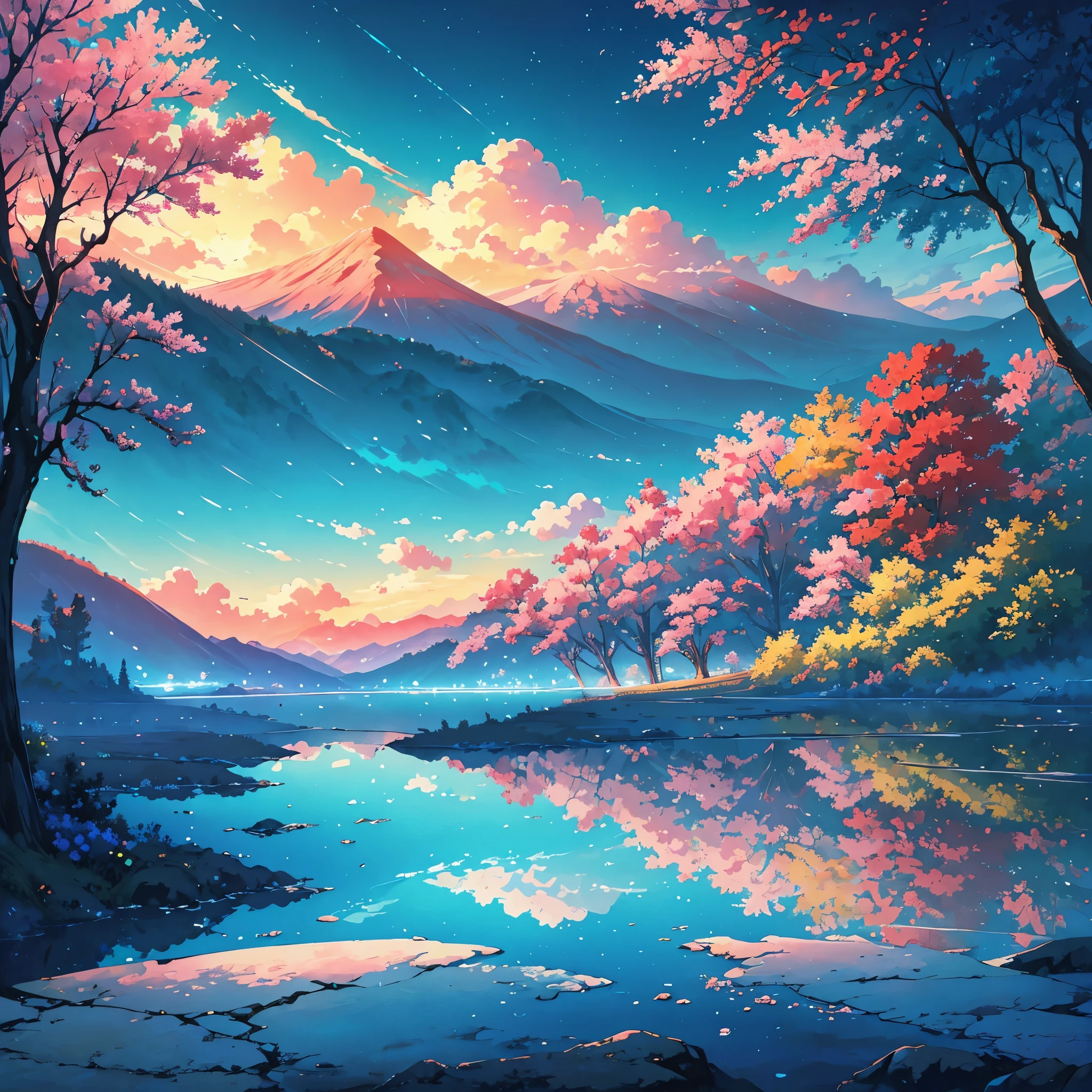 (breathtaking anime-style landscape),blue,white,red,orange,pink,yellow,green,illustration,ultra-detailed,realistic:1.37,vivid colors,studio lighting