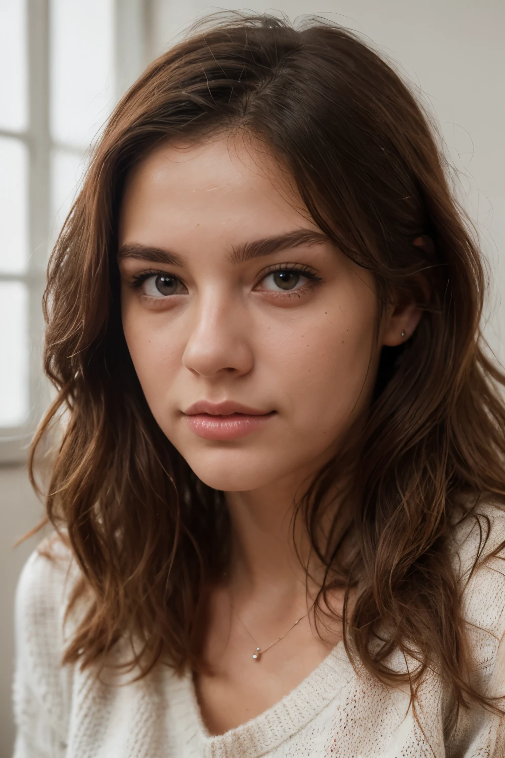 ((best quality)), ((Meisterwerk)), (Detailliert), Perfektes Gesicht,stunning realistic, photorealistic, photorealism, 1 beautiful spain girl,small nose,,Brown long hair,light curly hair,beautiful grey and hazel eyes,light sixpack,knitted sweater