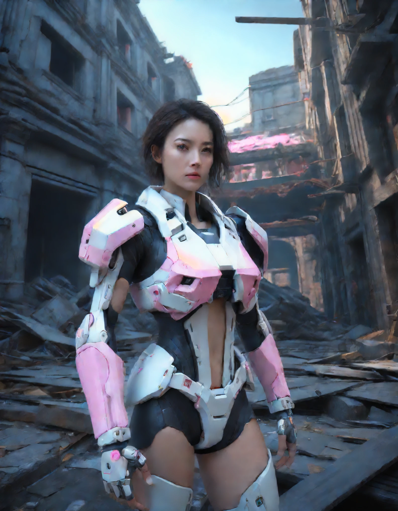 ((Best Quality)), ((Masterpiece)), (Very Detailed:1.3), 3D, Shitu-mecha, Beautiful cyberpunk woman with her pink mech in the ruins of a city in the forgotten war, Ancient technology, HDR (High Dynamic Range), ray tracing, NVIDIA RTX, super resolution, unreal 5, subsurface scattering, PBR texture, post-processing, anisotropic filtering, depth of field, maximum sharpness and sharpness, multi-layer texture, albedo and highlight maps, surface shading, Accurate simulation of light-material interactions, perfect proportions, octane rendering, duotone lighting, low ISO, white balance, rule of thirds, wide aperture, 8K RAW, high efficiency sub-pixels, subpixel convolution, luminous particles, light scattering, tyndall effect (whole body), (delicate facial features), (perfect face), dynamic angles.