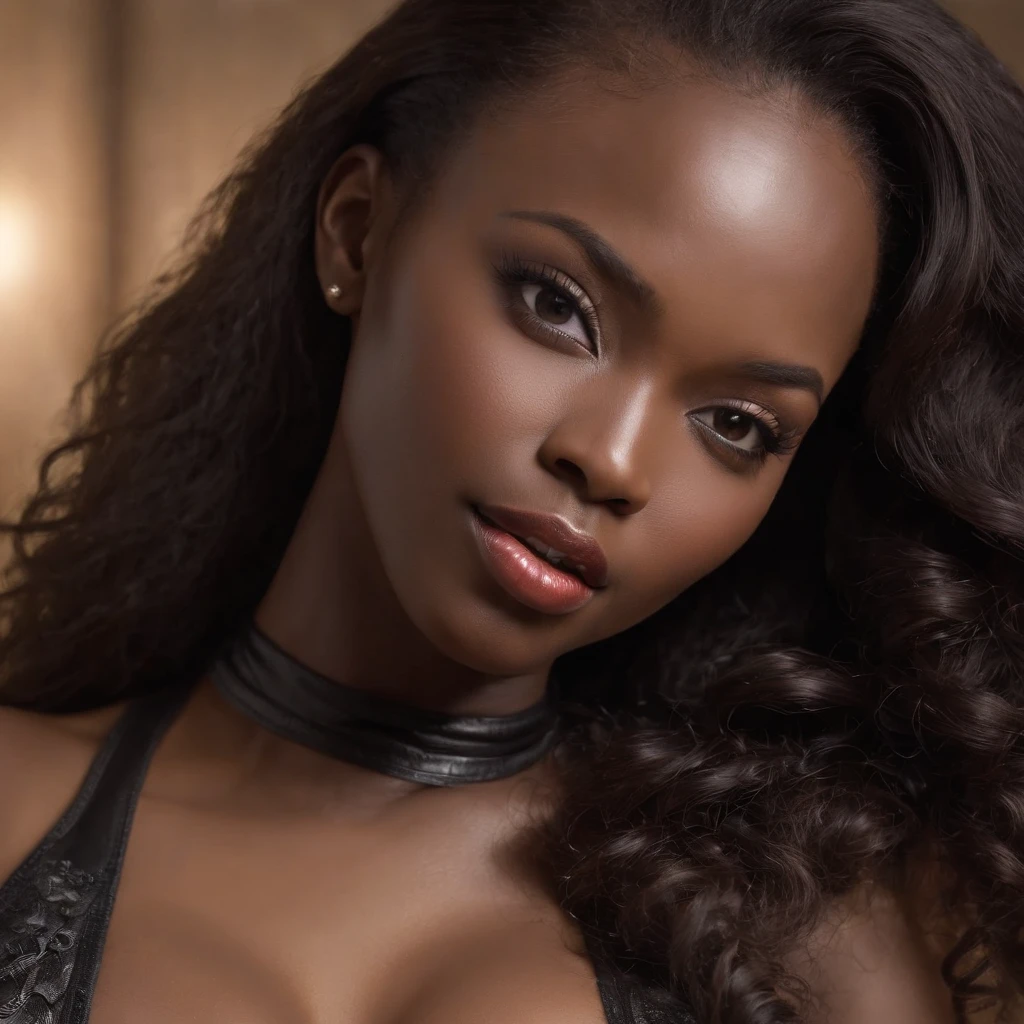 ((Dark African skin, Very deep ebony skin)), ((Its beauty is undeniable)), ((Excited dominant face)), ((Hyper detailed perfect eyes,)), ((Language output)), ((Seductive)), sexy, ((leather catsuit)), ((daddy’s girl)), ((Afro ponytail with long African curly hair, lipstick, mascara, long nails )), ((skin)), ((shibari)), ((instagram photo)), ((full body, view from above)), ((touching her belly in a sexy pose)), Sharp Focus CGI, photorealistic, High detail, Realistic, Masterpiece, absurd, Best quality, Hdr, High quality, high-definition, Extremely detailed, 8k wallpaper, Intricate details, 8K UHD, Full-HD, (photo realist:1.2), contrast, intense illumination, lighting cinematic, natural lighting, Illumination globale, open mouth, African women, Female sexy