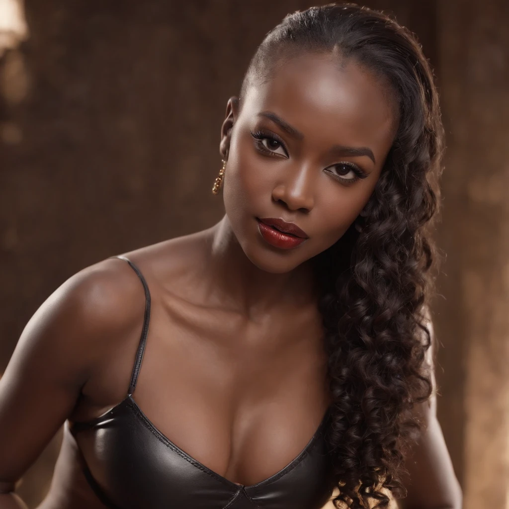 ((Dark African skin, Very deep ebony skin)), ((Its beauty is undeniable)), ((Excited dominant face)), ((Hyper detailed perfect eyes,)), ((Language output)), ((Seductive)), sexy, ((sexy shibari, bondage, chained)), ((daddy’s girl)), ((Afro ponytail with long African curly hair, lipstick, mascara)), ((skin)), ((shibari)), ((instagram photo)), ((full body, view from above)), ((touching her belly in a sexy pose)), Sharp Focus CGI, photorealistic, High detail, Realistic, Masterpiece, absurd, Best quality, Hdr, High quality, high-definition, Extremely detailed, 8k wallpaper, Intricate details, 8K UHD, Full-HD, (photo realist:1.2), contrast, intense illumination, lighting cinematic, natural lighting, Illumination globale, open mouth, African women, Female sexy