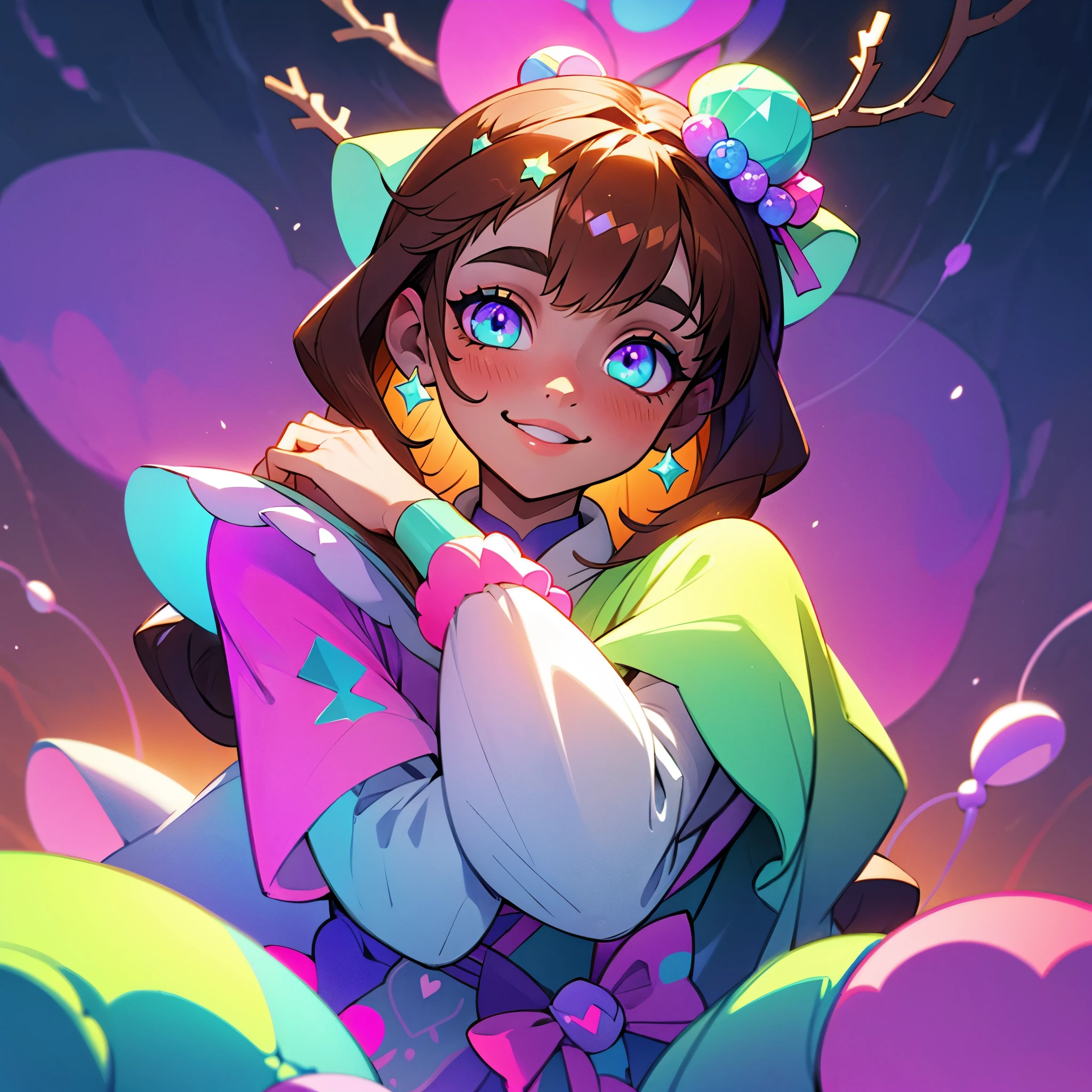 fantasy art, beautiful girl in a Christmas tree costume with garlands and magic crystals, smiles calmly, dreamy colors, glowing around, colorful background, neon snow magic, symmetrical eyes, symmetrical nose, emerald eyes, black symmetrical pupils, straight dark blond hair with tender pink and purple strands, Christmas tree, garlands, detailed magic winter city background, magic warm lights, UHD, 128k