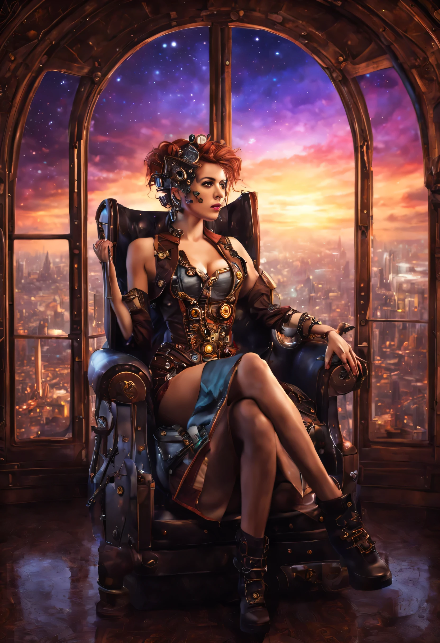 A very pretty portrait of a steampunk woman, very detailed and textured, she is seated in a stylized and futuristic armchair. Behind her a large window gives a view of a mega city of the future, and a magnificent sunset is visible. We also see clouds of multicolored stars and the Milky Way