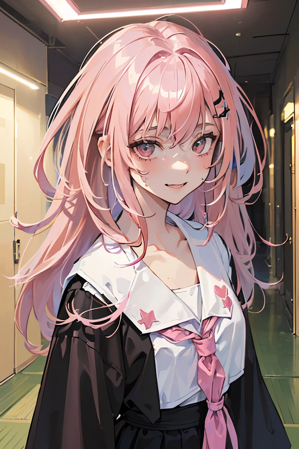 (1Girl, 18yo, ((messy pink hair)), she is a evil, bully and crazy character, she are smiling, (wearing ((black)) colegial japonese clothes)), ((school hallway background))