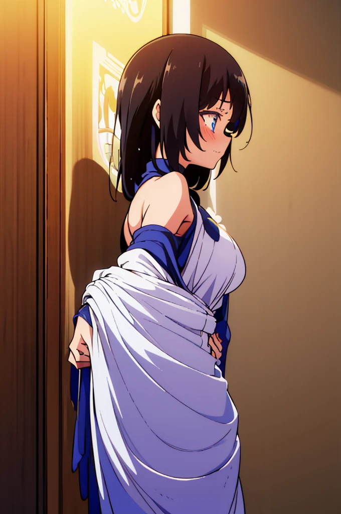 独奏, 1girl, Masterpiece, Best Quality, extremly detailed, Cinematic lighting, intricate detials, hight resolution, official arts, finely detailed beautiful face and eyes, high-resolution illustration, 8K, dark intense shadows, skinny, big breast, shoulder-length brown hair, bangs, blue eyes, white nightgown, (tears, blushes), night, bedroom, ((half body))