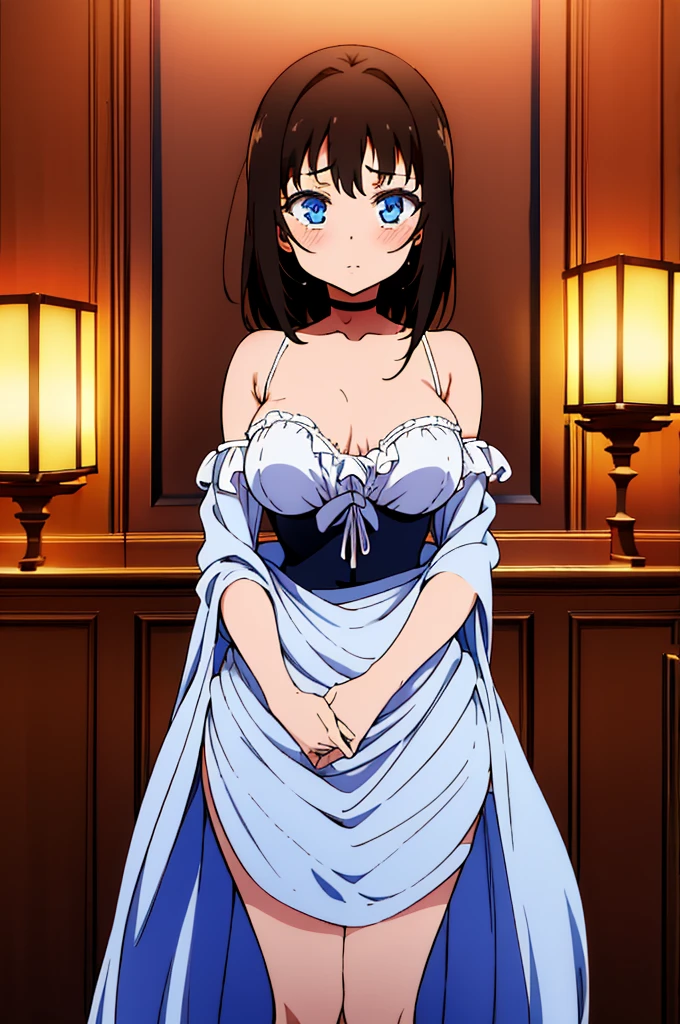 独奏, 1girl, Masterpiece, Best Quality, extremly detailed, Cinematic lighting, intricate detials, hight resolution, official arts, finely detailed beautiful face and eyes, high-resolution illustration, 8K, dark intense shadows, skinny, big breast, shoulder-length brown hair, bangs, blue eyes, white nightgown, (tears, blushes), night, bedroom, ((half body))