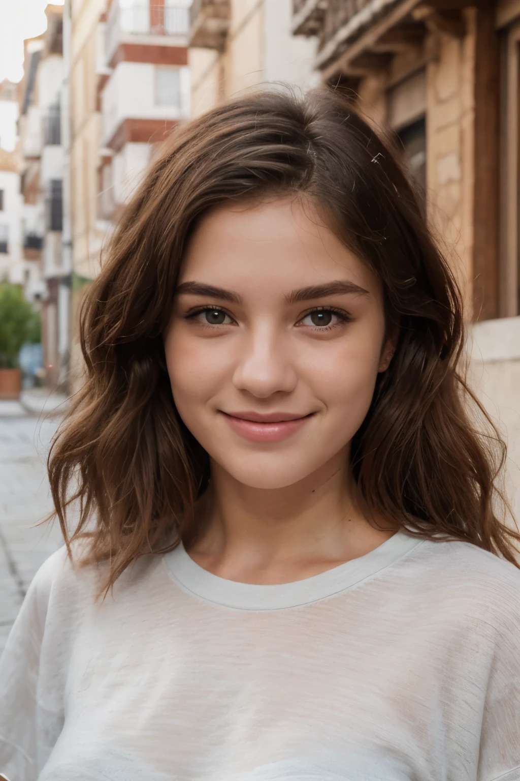 ((best quality)), ((Meisterwerk)), (Detailliert), Perfektes Gesicht,stunning realistic, photorealistic, photorealism, 1 beautiful spain girl,small nose,17 years old,Brown long hair,light curly hair,beautiful grey and hazel eyes,light sixpack,oversized shirt,cute smile
