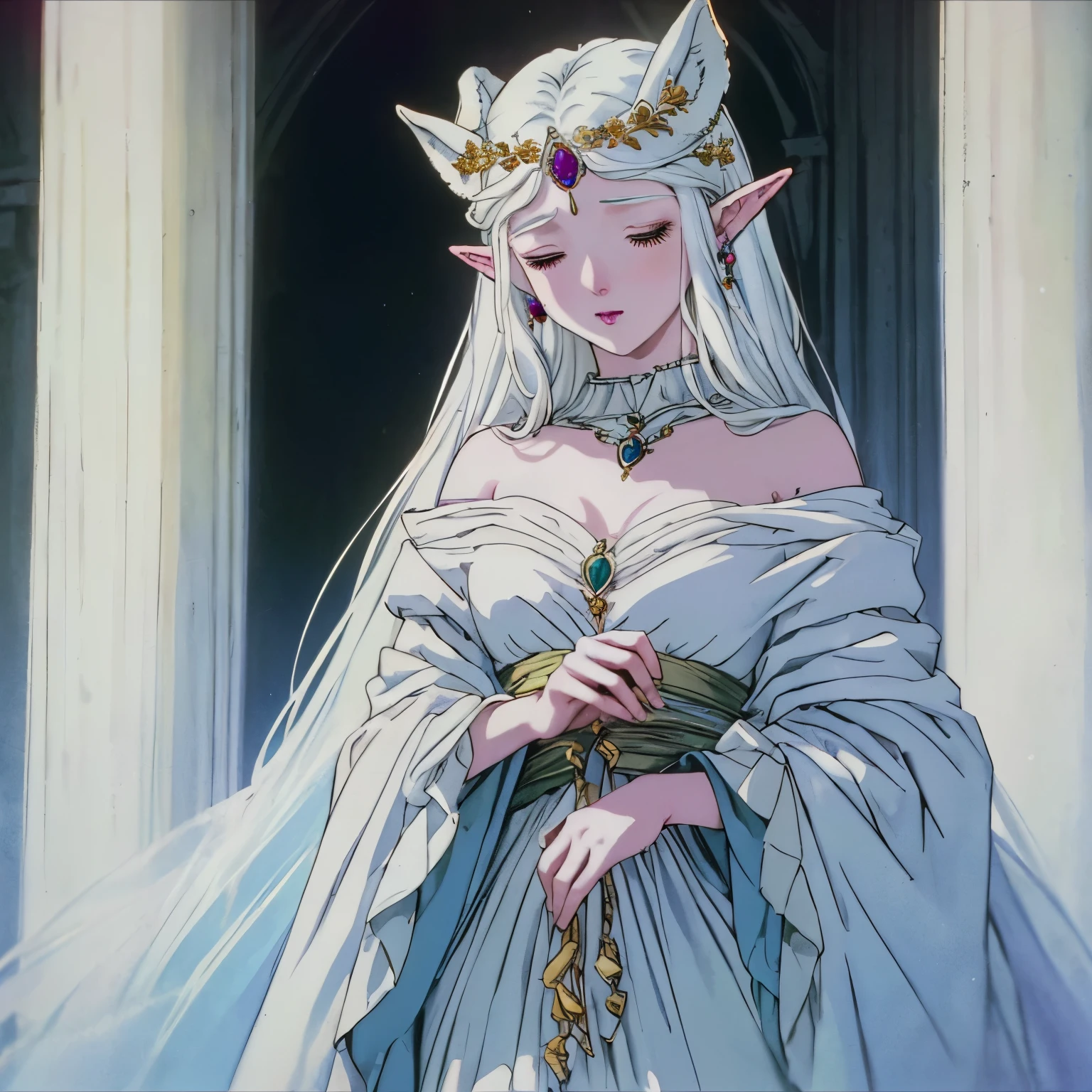 (girl,beautiful white-haired:1.1,pale-skinned:0.9,elven ears:1.3,royalty-like:1.1),[illustration],[best quality,ultra-detailed,realistic:1.37],(vibrant colors:1.1,ethereal atmosphere),(soft lighting),(fine details of jewelry),(flowing elegant dress).