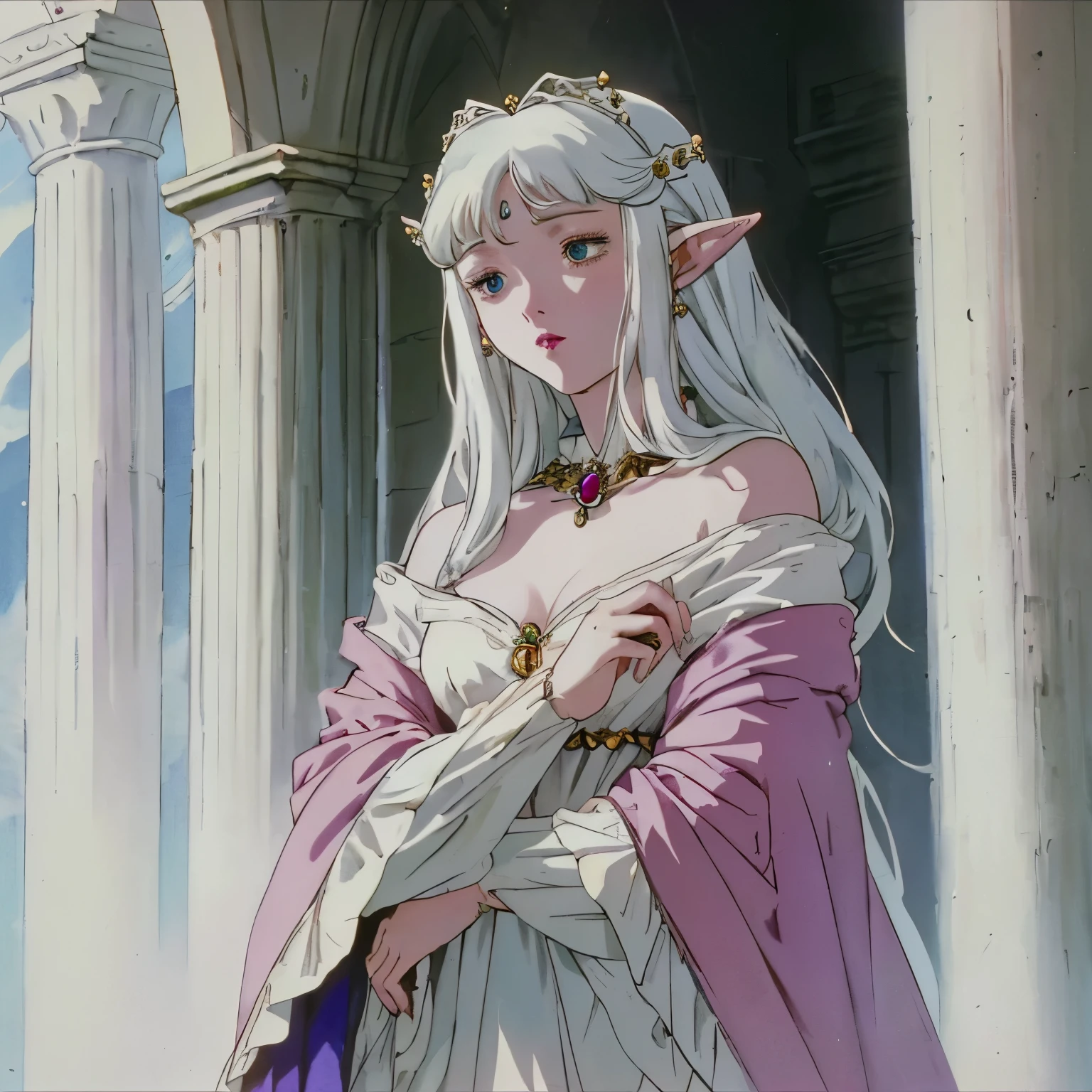 (girl,beautiful white-haired:1.1,pale-skinned:0.9,elven ears:1.3,royalty-like:1.1),[illustration],[best quality,ultra-detailed,realistic:1.37],(vibrant colors:1.1,ethereal atmosphere),(soft lighting),(fine details of jewelry),(flowing elegant dress).