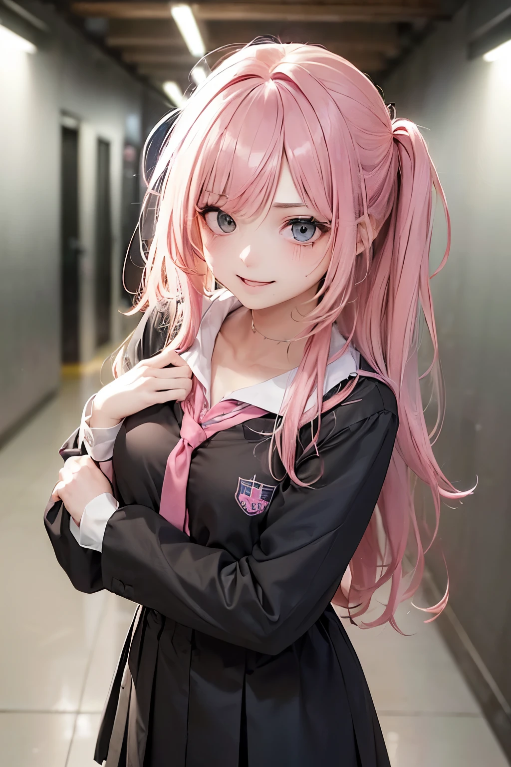 (1Girl, 18yo, ((messy pink hair)), she is a evil, bully and crazy character, she are smiling, (wearing ((black and blue)) colegial japonese clothes)), ((school hallway background))