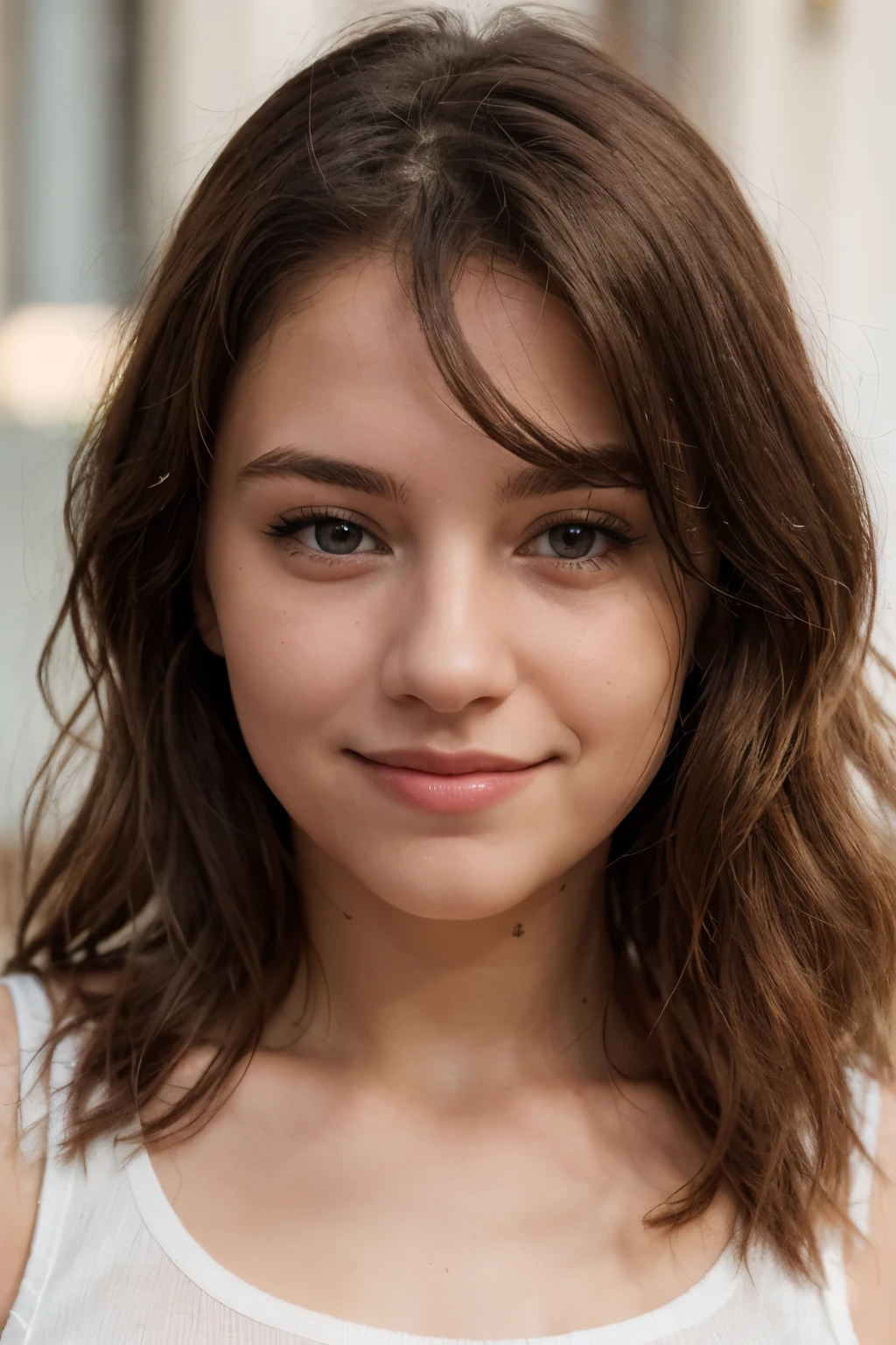 ((best quality)), ((Meisterwerk)), (Detailliert), Perfektes Gesicht,stunning realistic, photorealistic, photorealism, 1 beautiful spain girl,small nose,,Brown long hair,light curly hair,beautiful grey and hazel eyes,light sixpack,croptop,cute smile,closed mouth