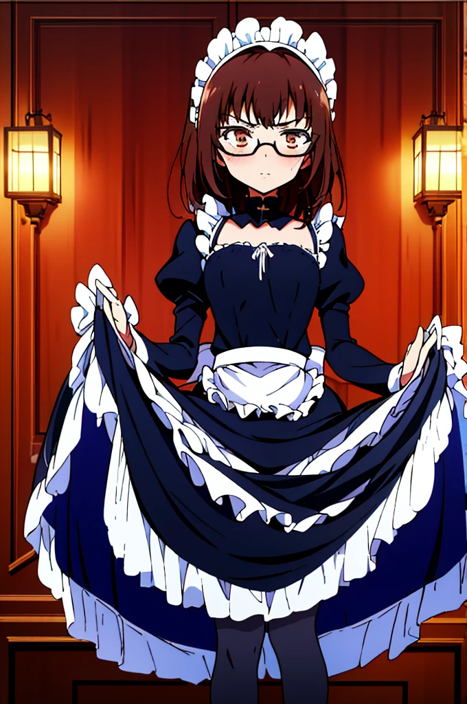 独奏, 1girl, Masterpiece, Best Quality, extremly detailed, Cinematic lighting, intricate detials, hight resolution, official arts, finely detailed beautiful face and eyes, high-resolution illustration, 8K, dark intense shadows, medium breast, long brown hair, copper hair tips, brown eyes, glasses, (swept bangs), maid uniform, dark blue dress, black shirt, puffy sleeves, long sleeves, white gloves, maid headdress, skirt lift, lace-up white panties, angry look, blushing, ((half body))